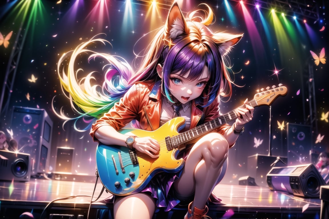 solo,closeup face,animal girl,colorful aura,purple hair,animal head,red tie,colorful  jacket,colorful short skirt,orange shirt,colorful sneakers,wearing a colorful  watch,singing in front of microphone,play electric guitar,animals background,fireflies,shining point,concert,colorful stage lighting,no people