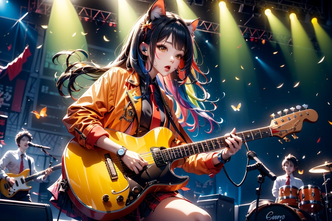 solo,closeup face,animal girl,colorful aura,colorful hair,animal head,red tie,colorful  jacket,colorful short skirt,orange shirt,colorful sneakers,wearing a colorful  watch,singing in front of microphone,play electric guitar,animals background,fireflies,shining point,concert,colorful stage lighting,no people