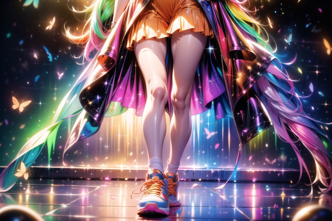 solo,closeup face,animal girl,colorful aura,pink hair,animal head,red tie,colorful  jacket,colorful short skirt,orange shirt,colorful sneakers,wearing a colorful  watch,singing in front of microphone,play electric guitar,animals background,fireflies,shining point,concert,colorful stage lighting,no people