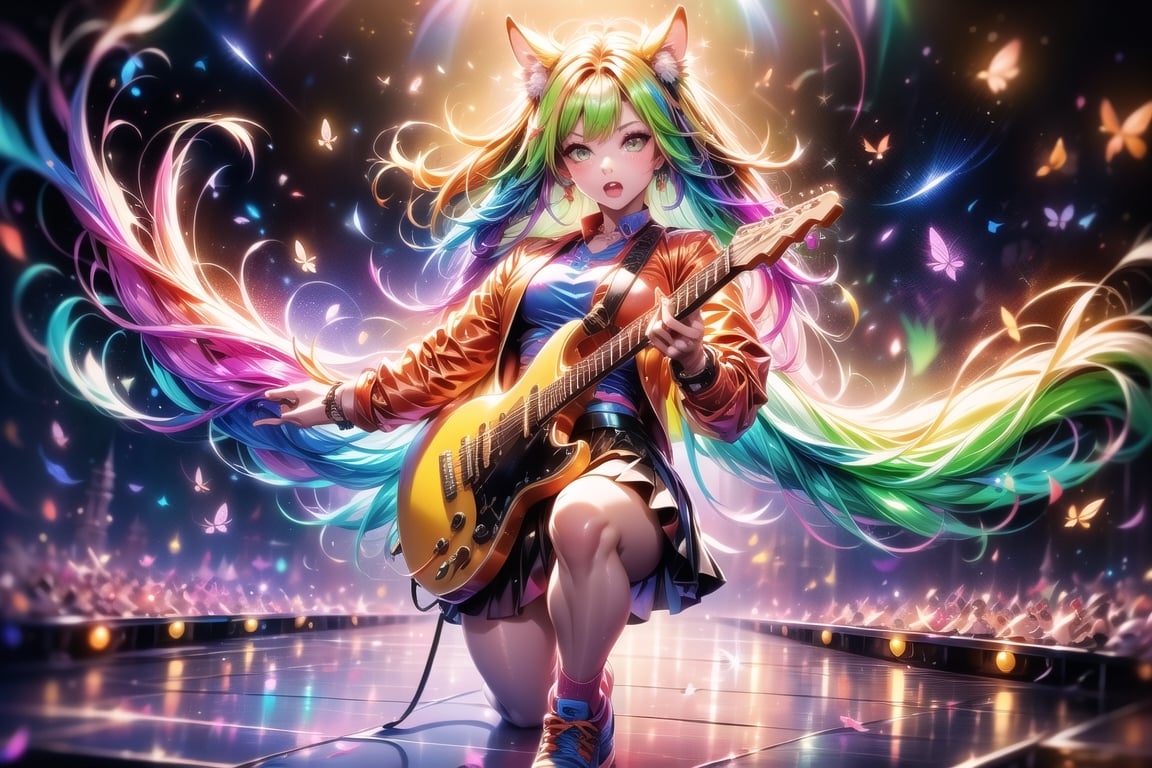 solo,closeup face,animal girl,colorful aura,golden hair,animal head,red tie,colorful  jacket,colorful short skirt,orange shirt,colorful sneakers,wearing a colorful  watch,singing in front of microphone,play electric guitar,animals background,fireflies,shining point,concert,colorful stage lighting,no people