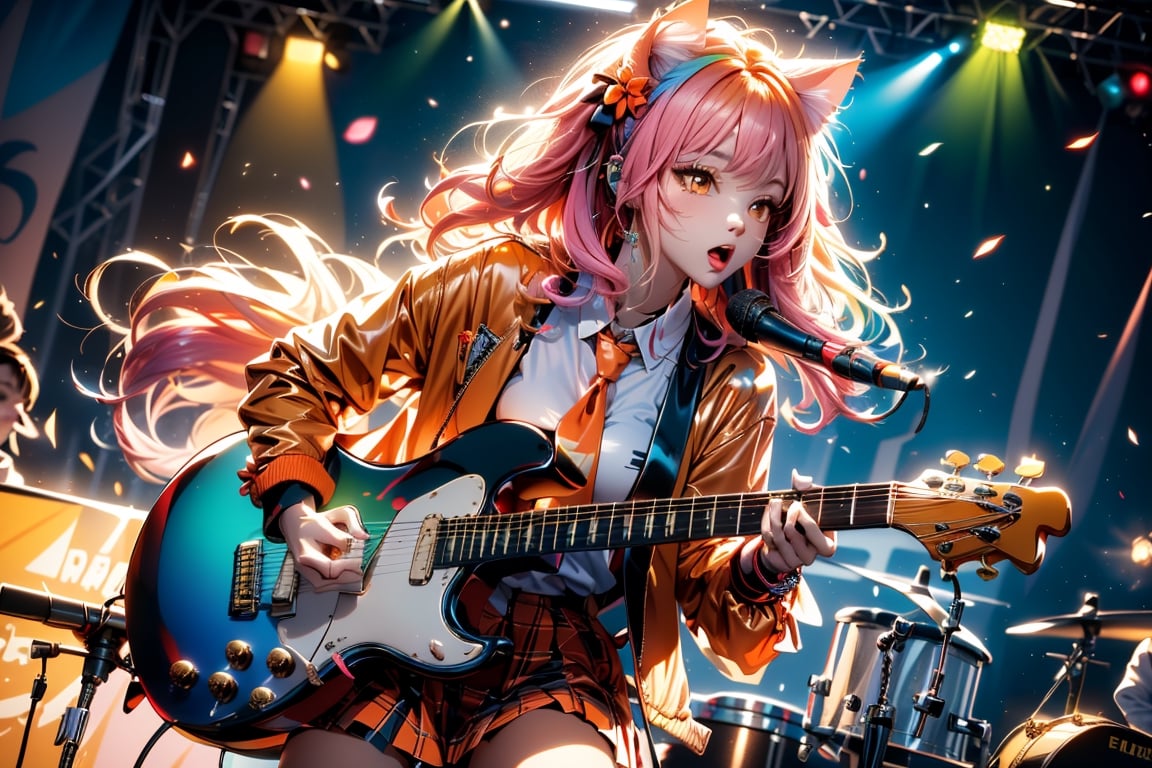 solo,closeup face,cat girl,colorful aura,pink hair,long hair,animal head,red tie,colorful jacket,colorful short skirt,orange shirt,colorful sneakers,wearing a colorful  watch,singing in front of microphone,play electric guitar,animals background,fireflies,shining point,concert,colorful stage lighting,no people