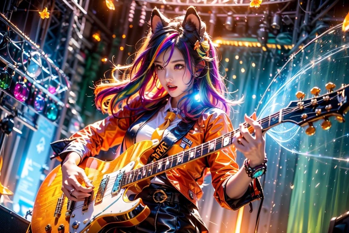 solo,closeup face,animal girl,colorful aura,colorful hair,animal head,red tie,colorful  jacket,colorful short skirt,orange shirt,colorful sneakers,wearing a colorful  watch,singing in front of microphone,play electric guitar,animals background,fireflies,shining point,concert,colorful stage lighting,no people