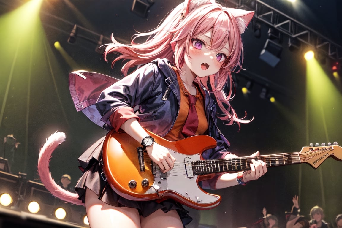 solo,closeup face,cat girl,cat tail,colorful aura,pink hair,long hair,animal head,red tie,colorful jacket,colorful short skirt,orange shirt,colorful sneakers,wearing a colorful  watch,singing in front of microphone,play electric guitar,animals background,fireflies,shining point,concert,colorful stage lighting,no people