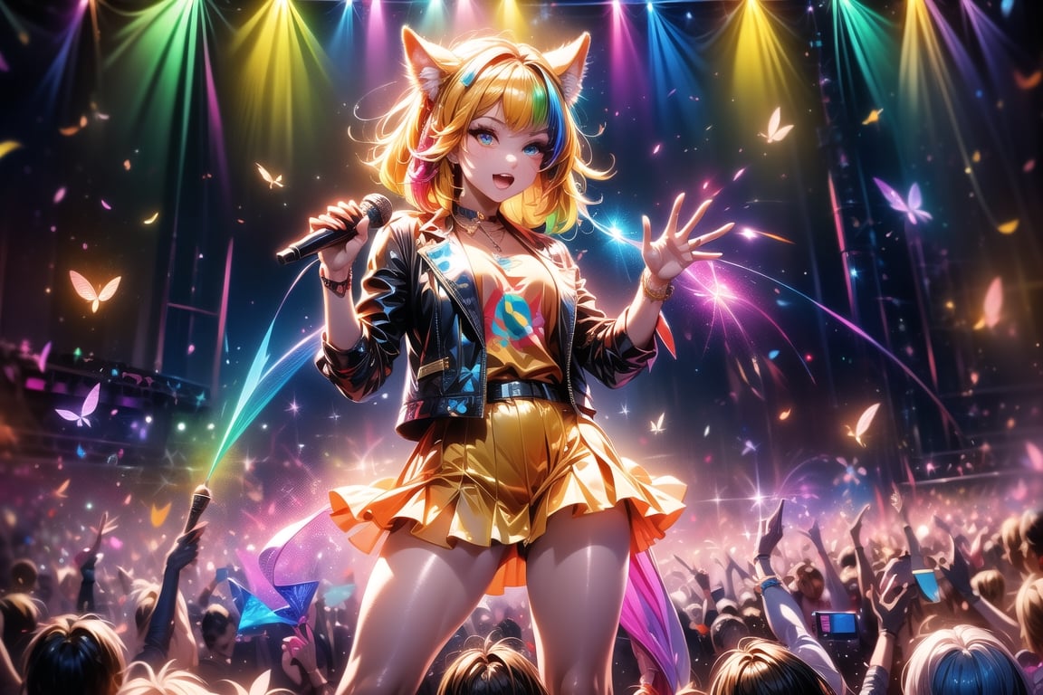 solo,closeup face,animal girl,colorful aura,golden hair,animal head,red tie,colorful  jacket,colorful short skirt,orange shirt,colorful sneakers,wearing a colorful  watch,singing in front of microphone,play electric guitar,animals background,fireflies,shining point,concert,colorful stage lighting,no people