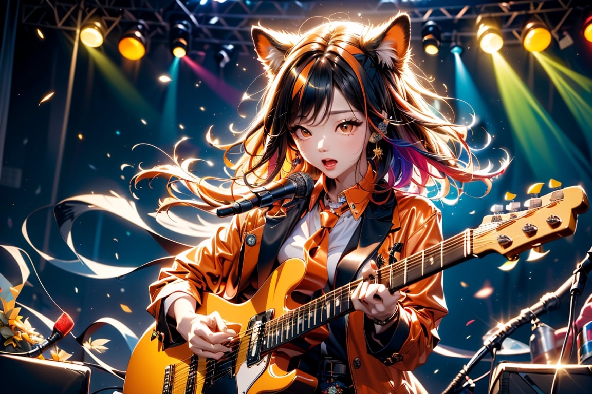 solo,closeup face,animal girl,colorful aura,colorful hair,animal head,red tie,colorful  jacket,colorful short skirt,orange shirt,colorful sneakers,wearing a colorful  watch,singing in front of microphone,play electric guitar,animals background,fireflies,shining point,concert,colorful stage lighting,no people,Korean