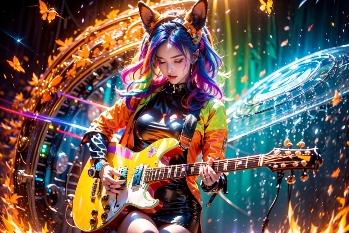 solo,closeup face,animal girl,colorful aura,colorful hair,animal head,red tie,colorful  jacket,colorful short skirt,orange shirt,colorful sneakers,wearing a colorful  watch,singing in front of microphone,play electric guitar,animals background,fireflies,shining point,concert,colorful stage lighting,no people