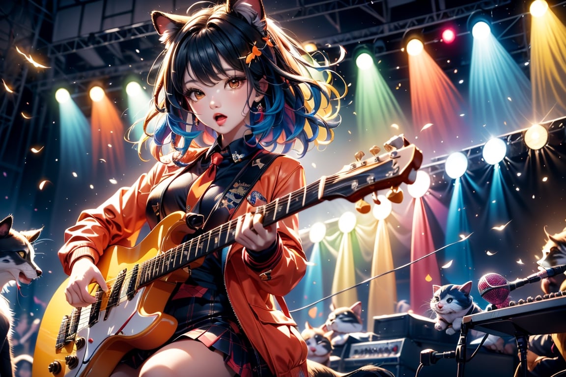 solo,closeup face,animal girl,colorful aura,colorful hair,animal head,red tie,colorful  jacket,colorful short skirt,orange shirt,colorful sneakers,wearing a colorful  watch,singing in front of microphone,play electric guitar,animals background,fireflies,shining point,concert,colorful stage lighting,no people