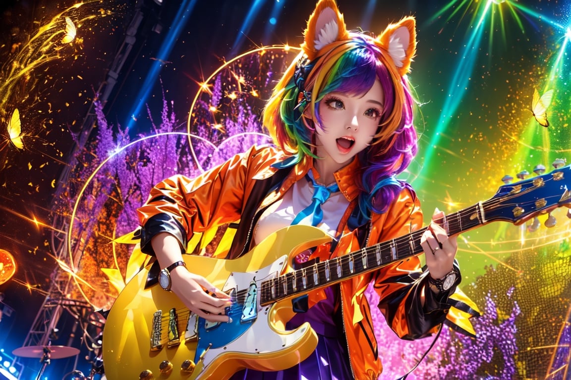 solo,closeup face,animal girl,colorful aura,colorful hair,animal head,colorful  tie,colorful jacket,colorful short skirt,orange shirt,colorful sneakers,wearing a colorful watch,singing in front of microphone,play electric guitar,animals background,fireflies,shining point,concert,colorful stage lighting,no people