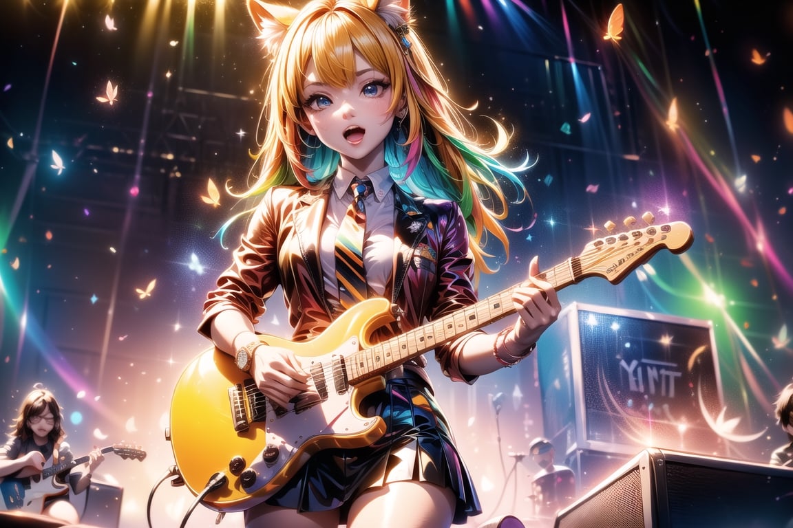 solo,closeup face,animal girl,colorful aura,golden hair,animal head,red tie,colorful  jacket,colorful short skirt,orange shirt,colorful sneakers,wearing a colorful  watch,singing in front of microphone,play electric guitar,animals background,fireflies,shining point,concert,colorful stage lighting,no people