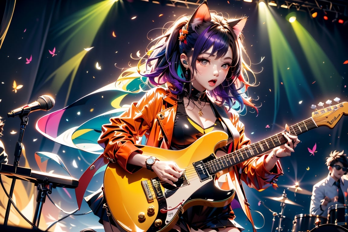 solo,closeup face,cat girl,colorful aura,purple hair,animal head,red tie,colorful  jacket,colorful short skirt,orange shirt,colorful sneakers,wearing a colorful  watch,singing in front of microphone,play electric guitar,animals background,fireflies,shining point,concert,colorful stage lighting,no people