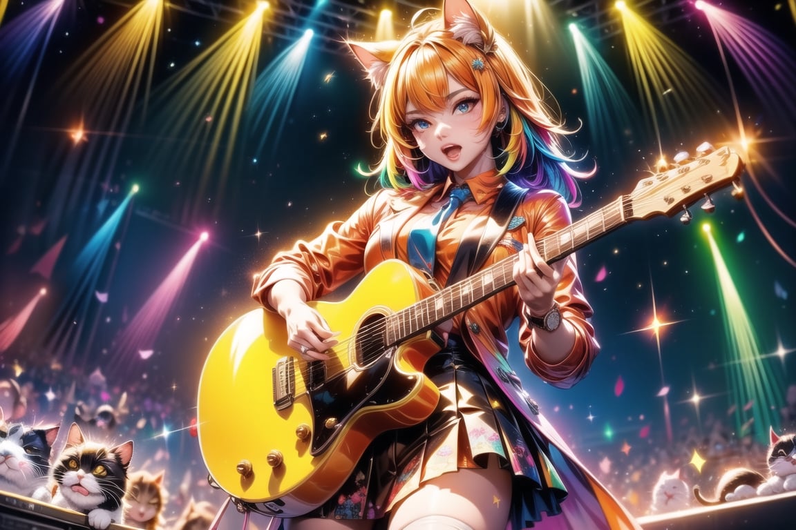 solo,closeup face,cat girl,cat tail,colorful aura,golden hair,animal head,red tie,colorful  jacket,colorful short skirt,orange shirt,colorful sneakers,wearing a colorful  watch,singing in front of microphone,play electric guitar,animals background,fireflies,shining point,concert,colorful stage lighting,no people