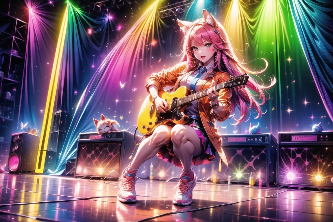 solo,closeup face,animal girl,colorful aura,pink hair,animal head,red tie,colorful  jacket,colorful short skirt,orange shirt,colorful sneakers,wearing a colorful  watch,singing in front of microphone,play electric guitar,animals background,fireflies,shining point,concert,colorful stage lighting,no people