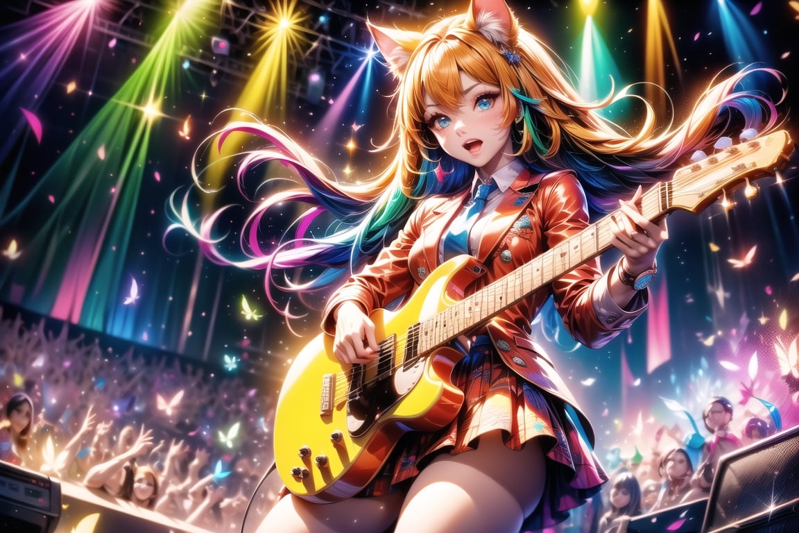 solo,closeup face,cat girl,cat tail,colorful aura,golden hair,animal head,red tie,colorful  jacket,colorful short skirt,orange shirt,colorful sneakers,wearing a colorful  watch,singing in front of microphone,play electric guitar,animals background,fireflies,shining point,concert,colorful stage lighting,no people