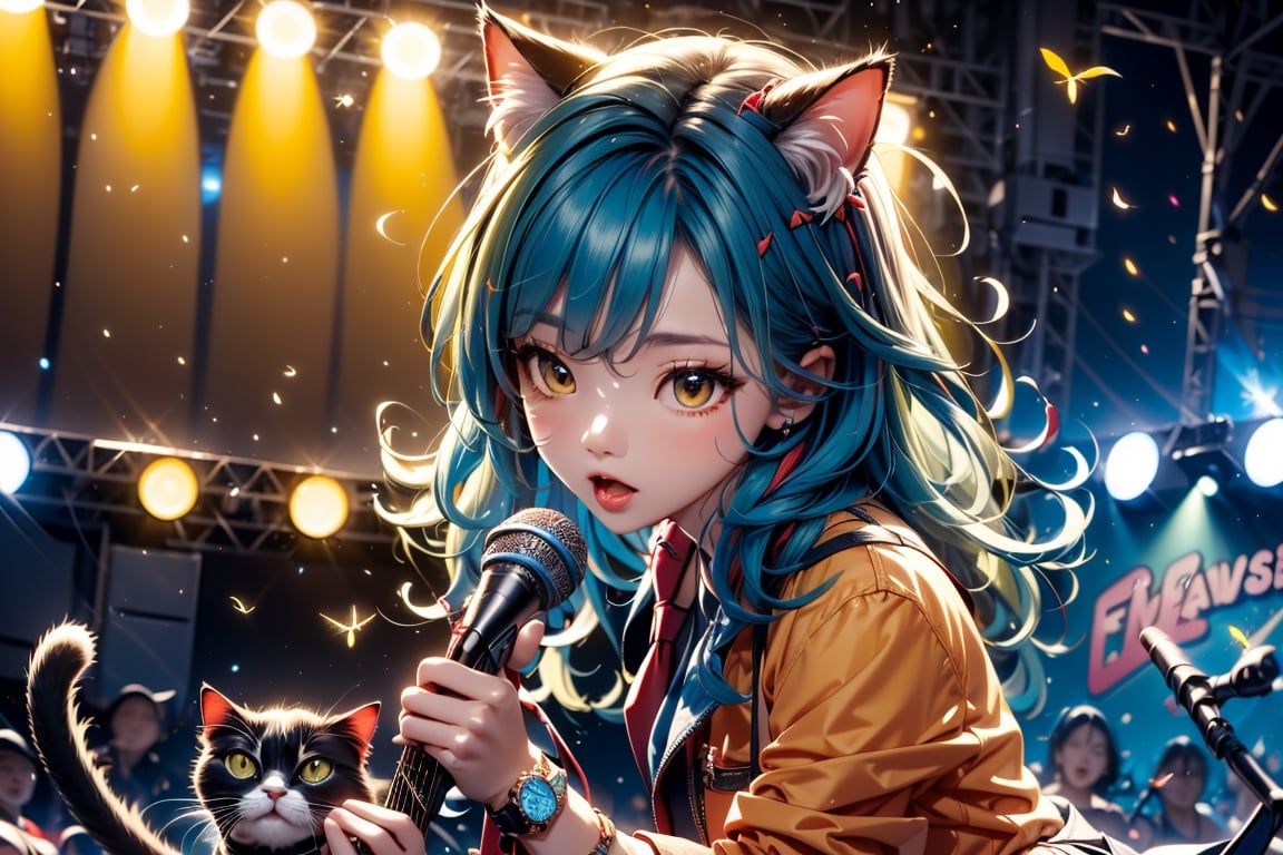 solo,closeup face,cat girl,colorful aura,blue hair,animal head,red tie,colorful  jacket,colorful short skirt,orange shirt,colorful sneakers,wearing a colorful  watch,singing in front of microphone,play electric guitar,animals background,fireflies,shining point,concert,colorful stage lighting,no people