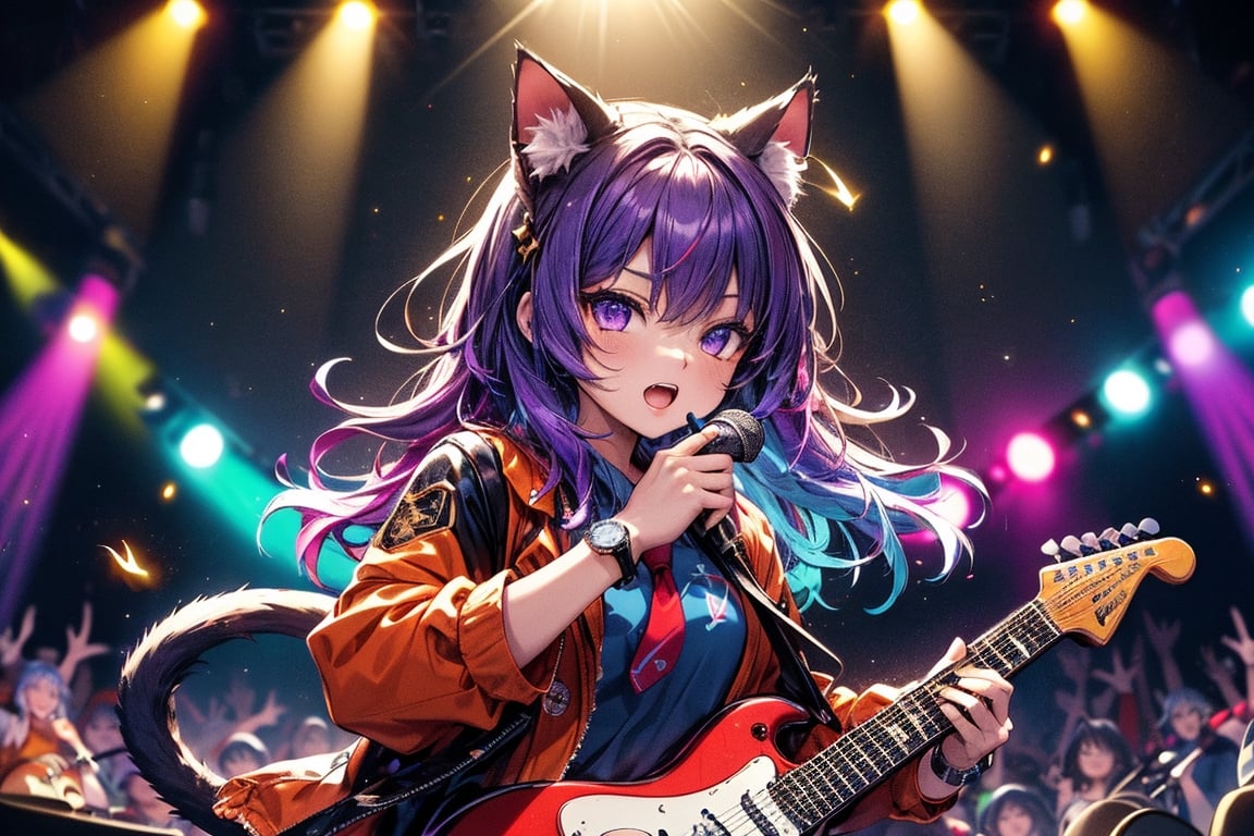 solo,closeup face,cat girl,cat tail,colorful aura,colorful purple hair,long hair,animal head,red tie,blue jacket,colorful short skirt,orange shirt,colorful sneakers,wearing a colorful  watch,singing in front of microphone,play electric guitar,animals background,fireflies,shining point,concert,colorful stage lighting,no people