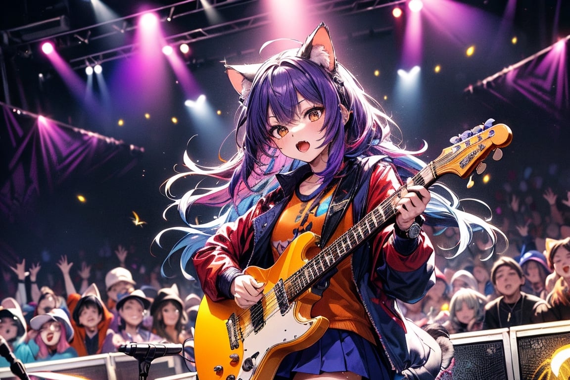 solo,closeup face,cat girl,cat tail,colorful aura,colorful purple hair,long hair,animal head,red tie,blue jacket,colorful short skirt,orange shirt,colorful sneakers,wearing a colorful  watch,singing in front of microphone,play electric guitar,animals background,fireflies,shining point,concert,colorful stage lighting,no people