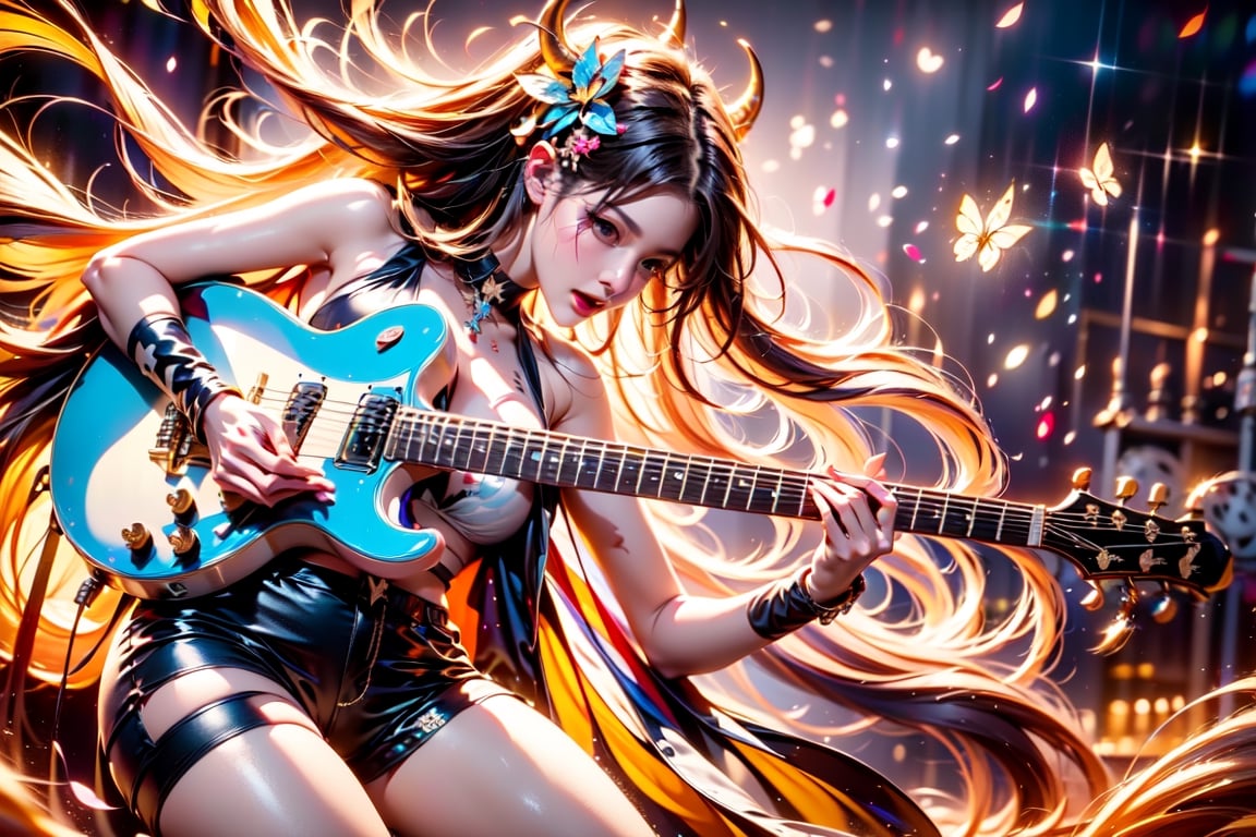 solo,cow girl,closeup face,cow head,holding electric guitar,singing in front of microphone,
cow wings,hungry pose,milk pantyhose,cow jacket,cow shirt,zebra shorts,cow underwear,milk aura,shining point,concert,colorful stage lighting,milk background,no people,Butterfly,electric guitar,rock music