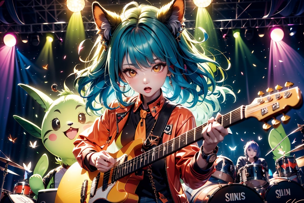 solo,closeup face,animal girl,colorful aura,colorful hair,animal head,red tie,colorful  jacket,colorful short skirt,orange shirt,colorful sneakers,wearing a colorful  watch,singing in front of microphone,play electric guitar,animals background,fireflies,shining point,concert,colorful stage lighting,no people