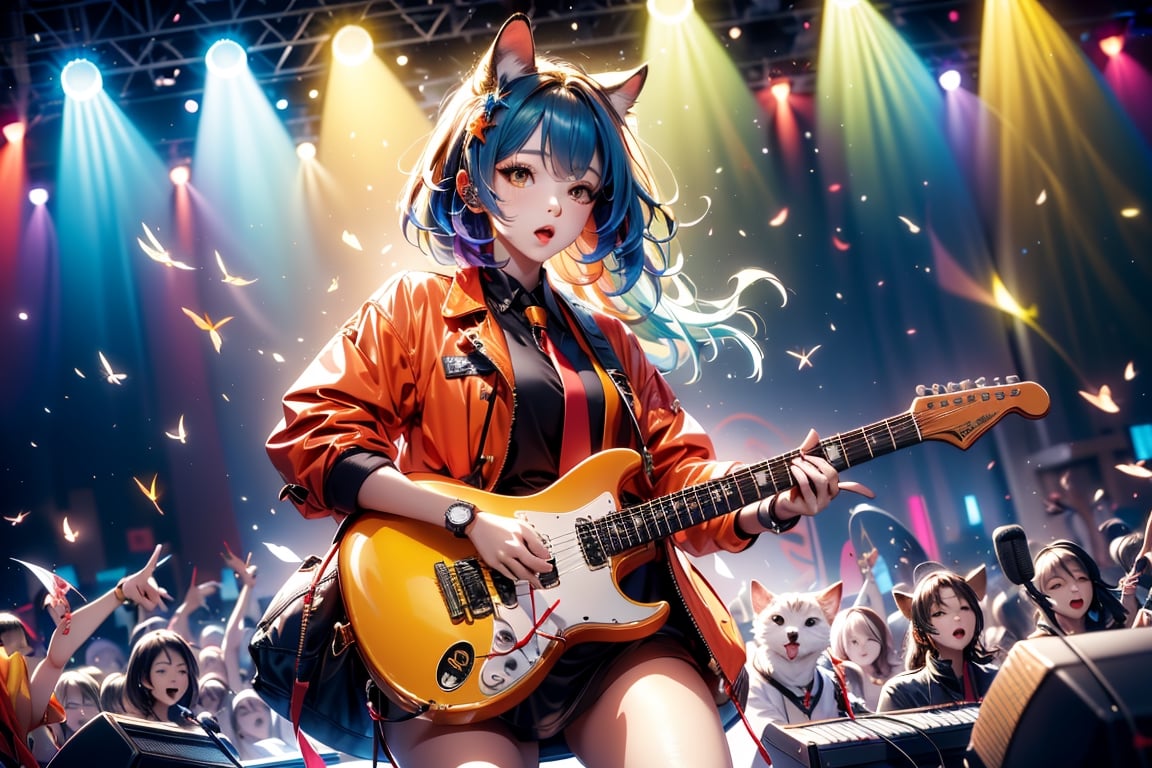 solo,closeup face,animal girl,colorful aura,colorful hair,animal head,red tie,colorful  jacket,colorful short skirt,orange shirt,colorful sneakers,wearing a colorful  watch,singing in front of microphone,play electric guitar,animals background,fireflies,shining point,concert,colorful stage lighting,no people