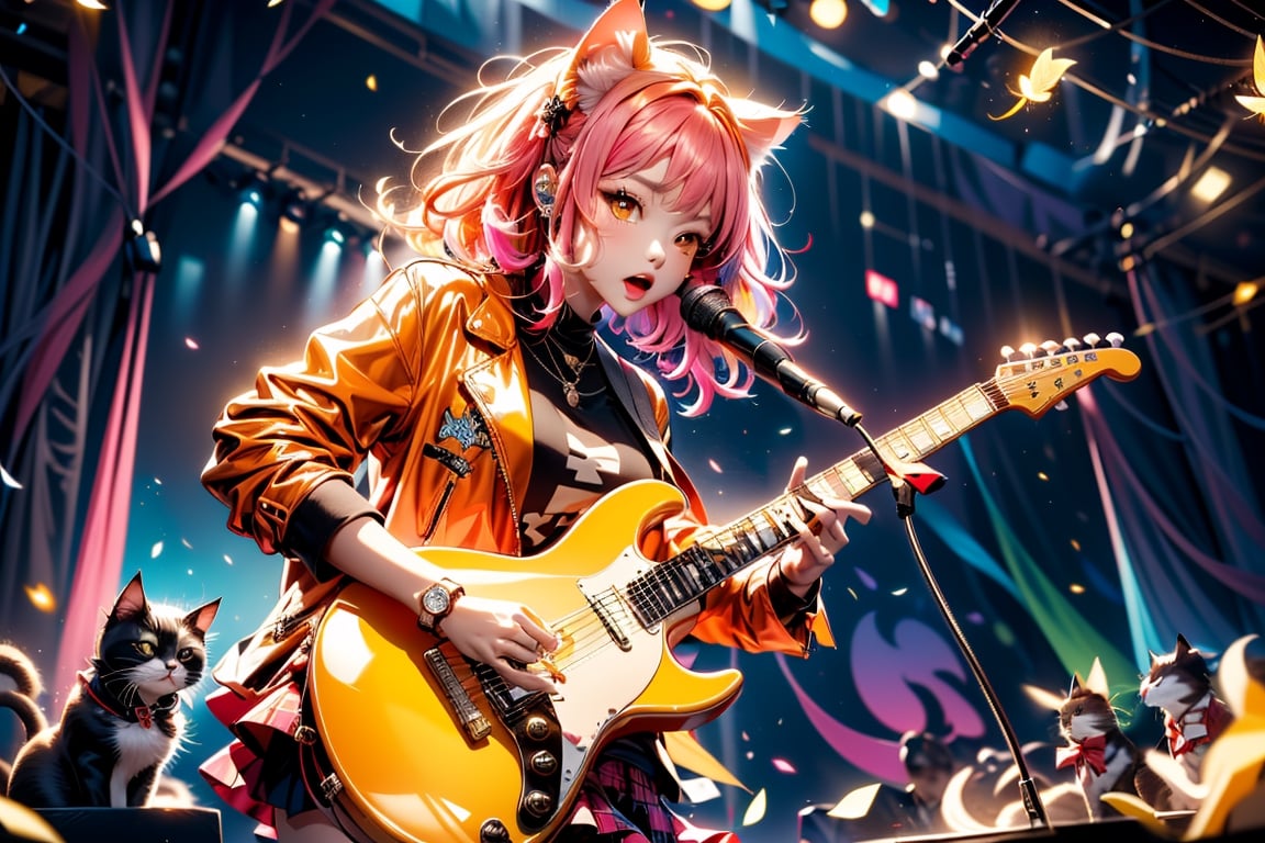 solo,closeup face,cat girl,colorful aura,pink hair,animal head,red tie,colorful  jacket,colorful short skirt,orange shirt,colorful sneakers,wearing a colorful  watch,singing in front of microphone,play electric guitar,animals background,fireflies,shining point,concert,colorful stage lighting,no people