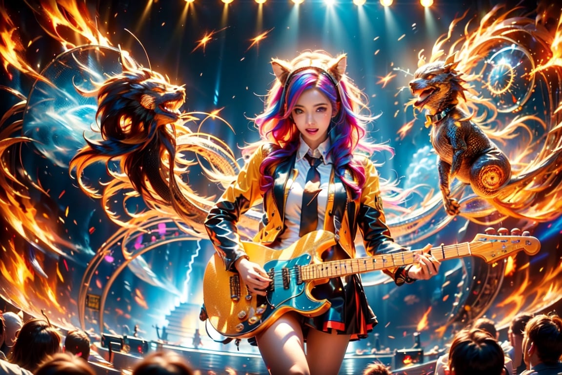 solo,closeup face,animal girl,colorful aura,colorful hair,animal head,colorful  tie,colorful jacket,colorful short skirt,orange shirt,colorful sneakers,wearing a colorful watch,singing in front of microphone,play electric guitar,animals background,fireflies,shining point,concert,colorful stage lighting,no people,Lightning,Fire