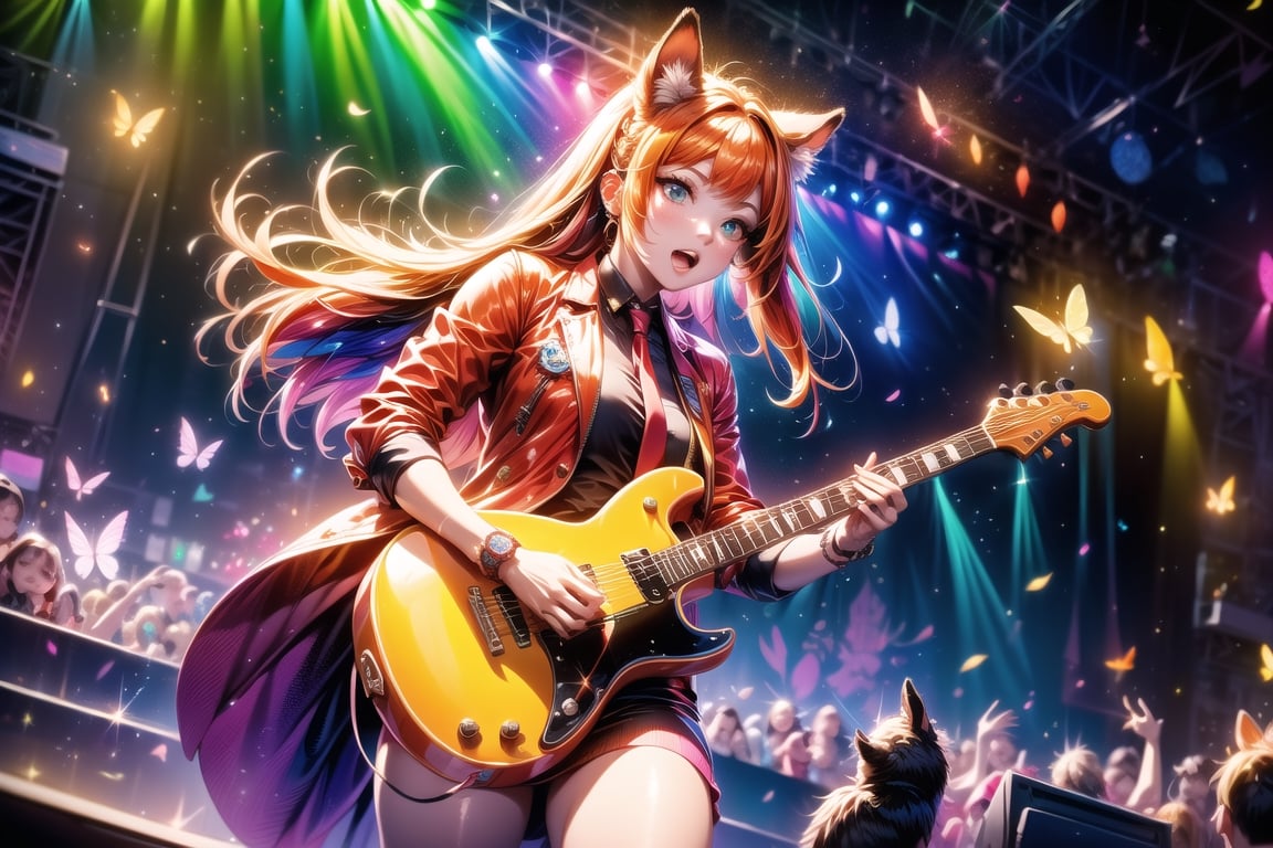 solo,closeup face,animal girl,colorful aura,orange hair,animal head,red tie,colorful  jacket,colorful short skirt,orange shirt,colorful sneakers,wearing a colorful  watch,singing in front of microphone,play electric guitar,animals background,fireflies,shining point,concert,colorful stage lighting,no people