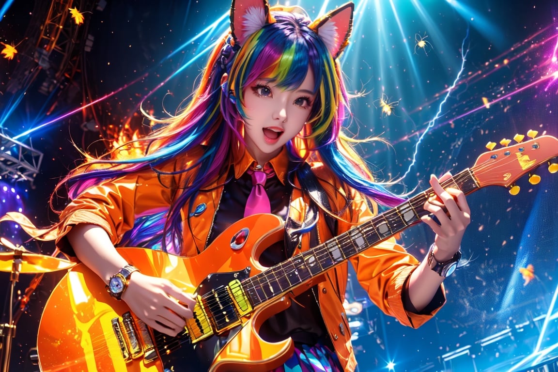 solo,closeup face,animal girl,colorful aura,colorful hair,animal head,red tie,colorful  jacket,colorful short skirt,orange shirt,colorful sneakers,wearing a colorful  watch,singing in front of microphone,play electric guitar,animals background,fireflies,shining point,concert,colorful stage lighting,no people