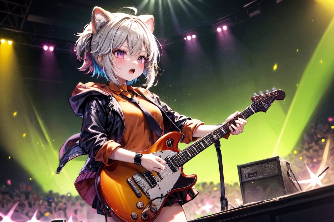 solo,closeup face,animal girl,colorful aura,colorful hair,animal head,red tie,colorful  jacket,colorful short skirt,orange shirt,colorful sneakers,wearing a colorful  watch,singing in front of microphone,play electric guitar,animals background,fireflies,shining point,concert,colorful stage lighting,no people