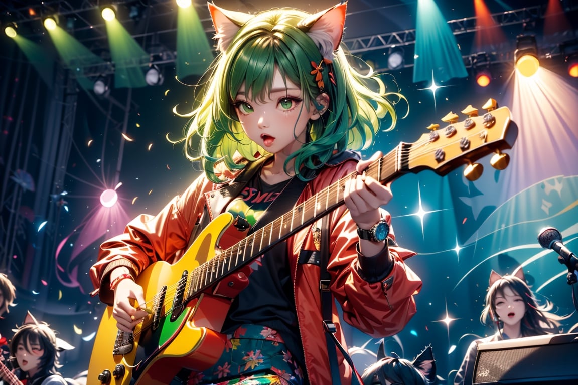 solo,closeup face,cat girl,colorful aura,green hair,animal head,red tie,colorful  jacket,colorful short skirt,orange shirt,colorful sneakers,wearing a colorful  watch,singing in front of microphone,play electric guitar,animals background,fireflies,shining point,concert,colorful stage lighting,no people