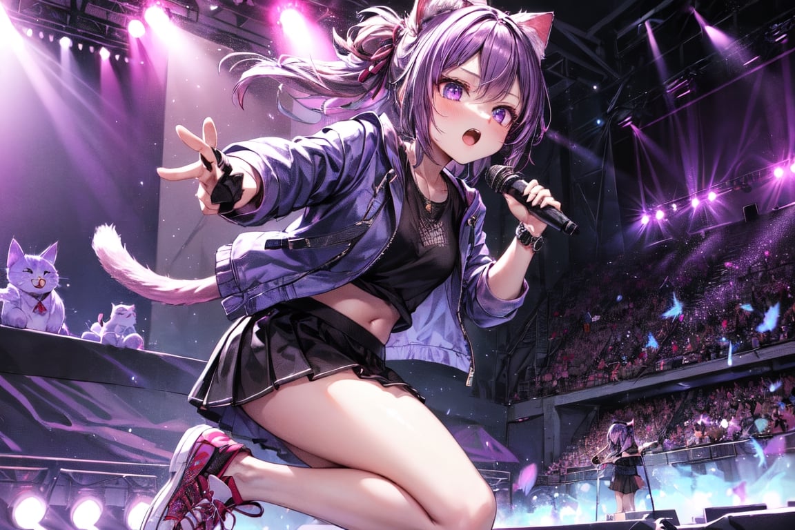 solo,closeup face,cat girl,cat tail,colorful aura,purple hair,double long  hair,colorful tie,colorful jacket,colorful short skirt,colorful shirt,colorful sneakers,wearing a colorful  watch,singing in front of microphone,play electric guitar,animals background,fireflies,shining point,concert,colorful stage lighting,no people