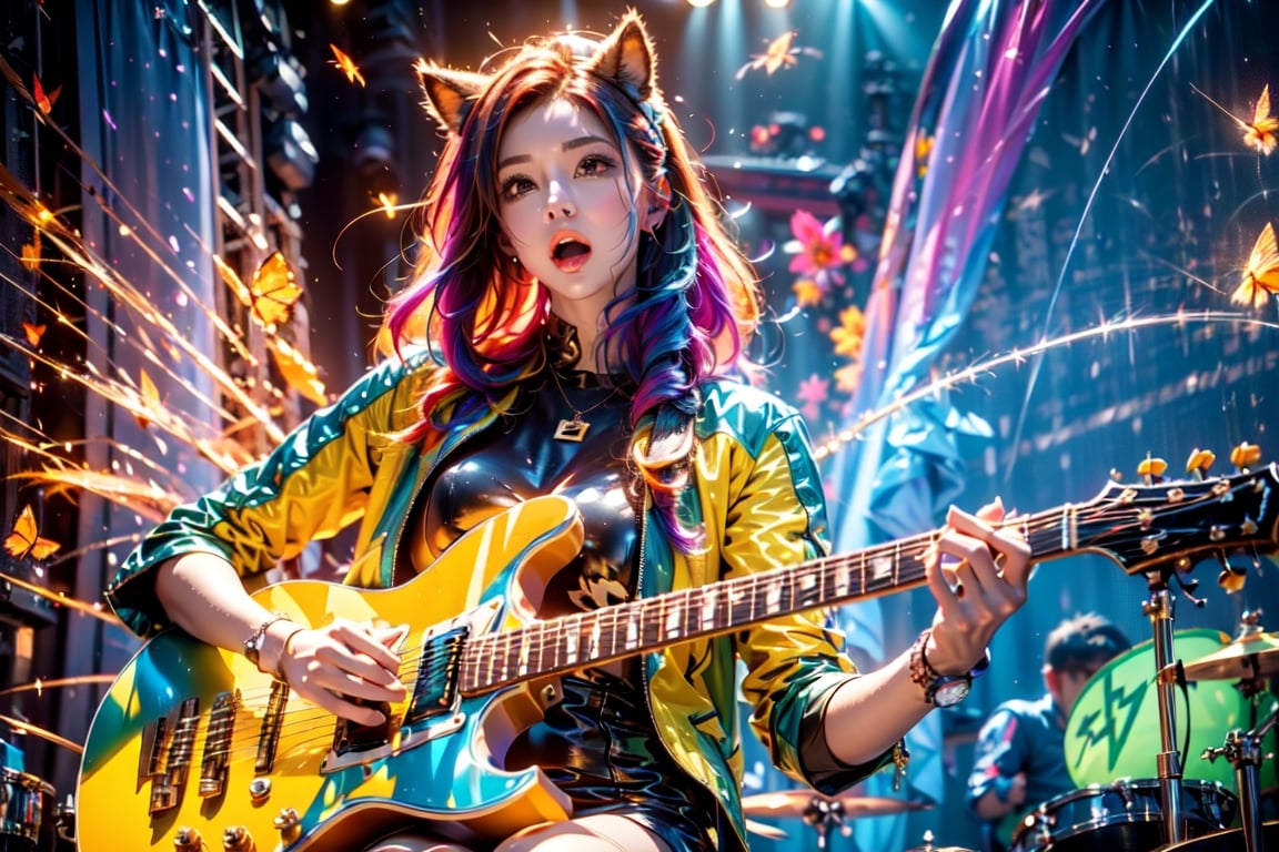 solo,closeup face,animal girl,colorful aura,colorful hair,animal head,colorful  tie,colorful jacket,colorful short skirt,orange shirt,colorful sneakers,wearing a colorful watch,singing in front of microphone,play electric guitar,animals background,fireflies,shining point,concert,colorful stage lighting,no people