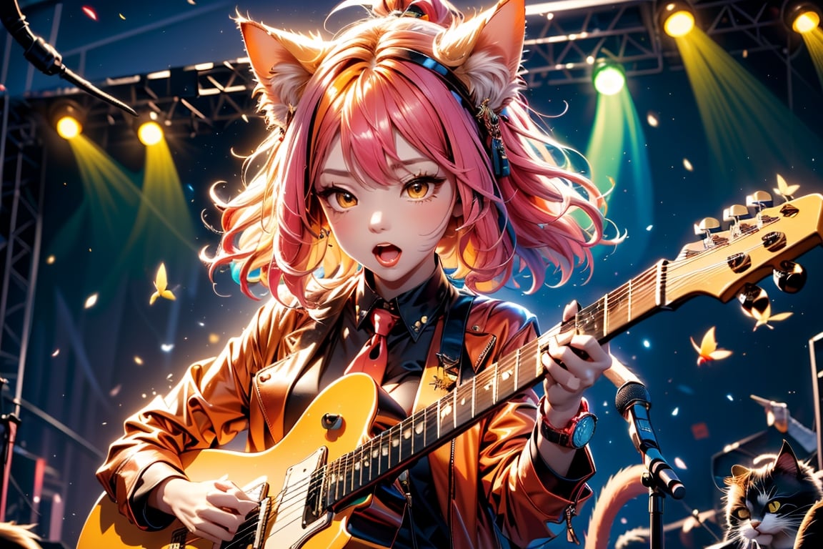 solo,closeup face,cat girl,colorful aura,pink hair,animal head,red tie,colorful  jacket,colorful short skirt,orange shirt,colorful sneakers,wearing a colorful  watch,singing in front of microphone,play electric guitar,animals background,fireflies,shining point,concert,colorful stage lighting,no people