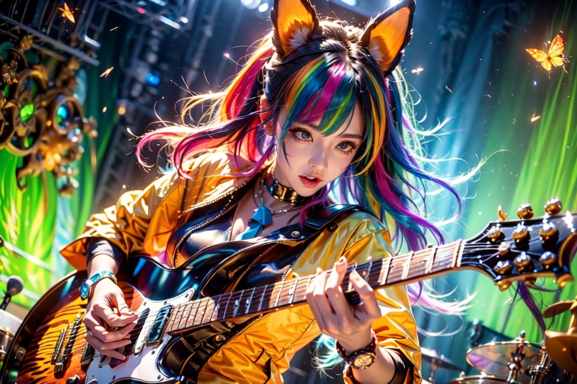 solo,closeup face,animal girl,colorful aura,colorful hair,animal head,red tie,colorful  jacket,colorful short skirt,orange shirt,colorful sneakers,wearing a colorful  watch,singing in front of microphone,play electric guitar,animals background,fireflies,shining point,concert,colorful stage lighting,no people