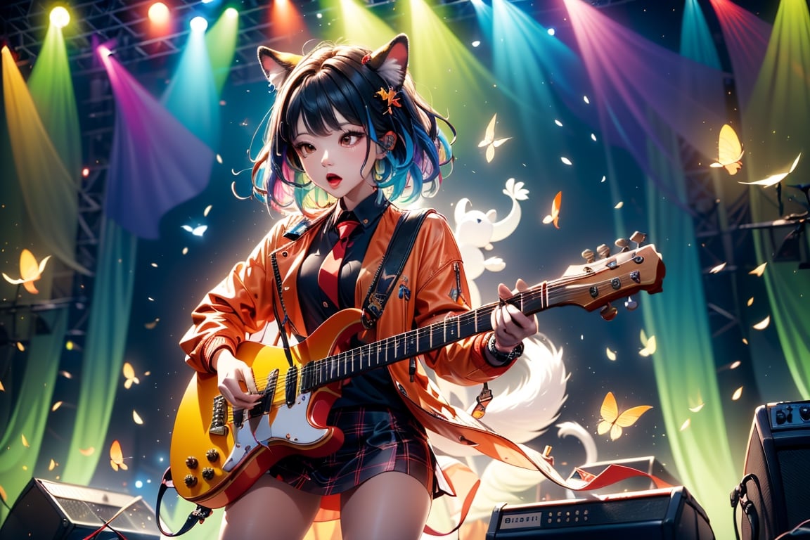 solo,closeup face,animal girl,colorful aura,colorful hair,animal head,red tie,colorful  jacket,colorful short skirt,orange shirt,colorful sneakers,wearing a colorful  watch,singing in front of microphone,play electric guitar,animals background,fireflies,shining point,concert,colorful stage lighting,no people