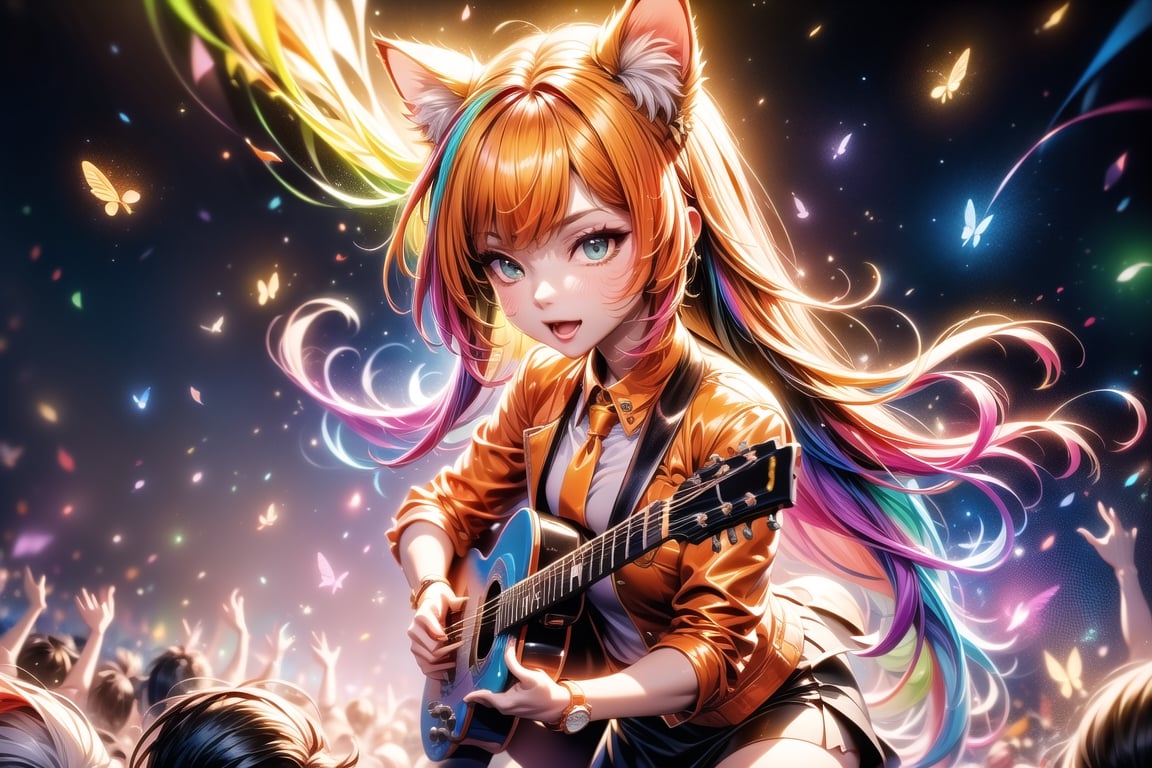 solo,closeup face,cat girl,cat tail,colorful aura,golden hair,animal head,red tie,colorful  jacket,colorful short skirt,orange shirt,colorful sneakers,wearing a colorful  watch,singing in front of microphone,play electric guitar,animals background,fireflies,shining point,concert,colorful stage lighting,no people