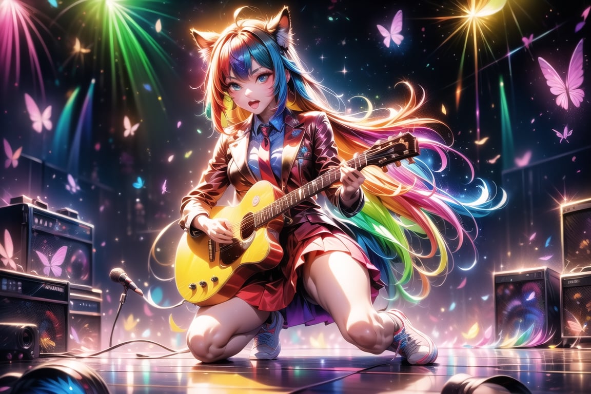 solo,closeup face,animal girl,colorful aura,colorful hair,animal head,red tie,colorful  jacket,colorful short skirt,orange shirt,colorful sneakers,wearing a colorful  watch,singing in front of microphone,play electric guitar,animals background,fireflies,shining point,concert,colorful stage lighting,no people