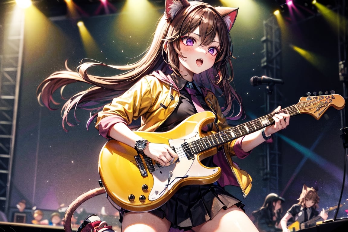 solo,closeup face,cat girl,cat tail,colorful aura,brown hair,long hair,colorful tie,yellow jacket,colorful short skirt,colorful shirt,colorful sneakers,wearing a colorful watch,singing in front of microphone,play electric guitar,animals background,fireflies,shining point,concert,colorful stage lighting,no people