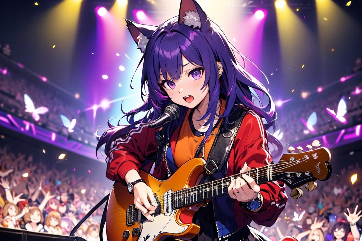 solo,closeup face,cat girl,cat tail,colorful aura,colorful purple hair,long hair,animal head,red tie,blue jacket,colorful short skirt,orange shirt,colorful sneakers,wearing a colorful  watch,singing in front of microphone,play electric guitar,animals background,fireflies,shining point,concert,colorful stage lighting,no people