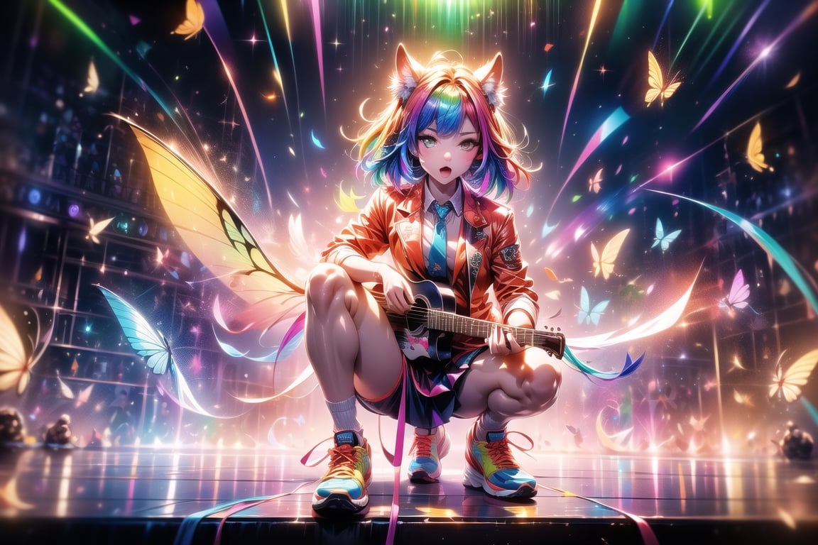 closeup face,animal boy,colorful aura,colorful hair,animal head,red tie,colorful  jacket,colorful short skirt,orange shirt,colorful sneakers,wearing a colorful  watch,singing in front of microphone,play electric guitar,animals background,fireflies,shining point,concert,colorful stage lighting