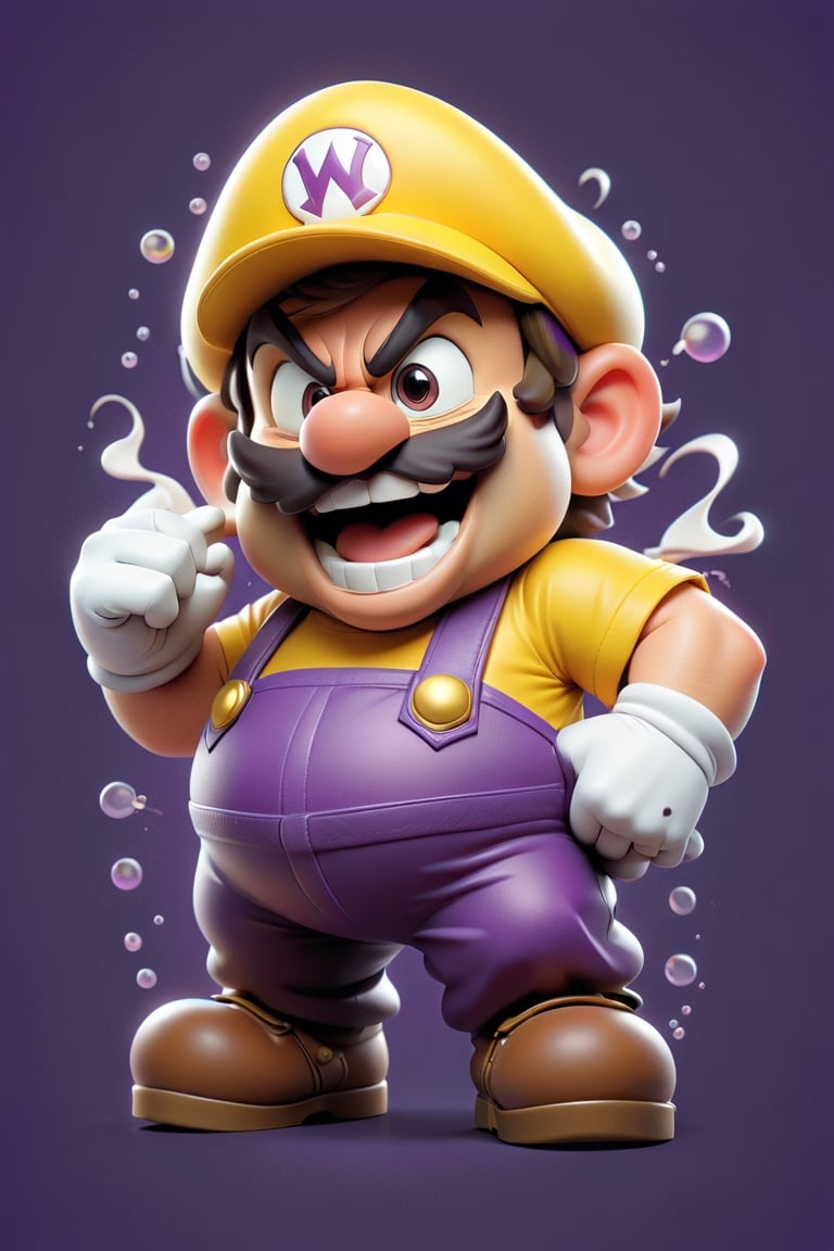 Design a playful (((vector T-shirt graphic))),  featuring Wario from the Super Mario series in his iconic yellow and purpl...