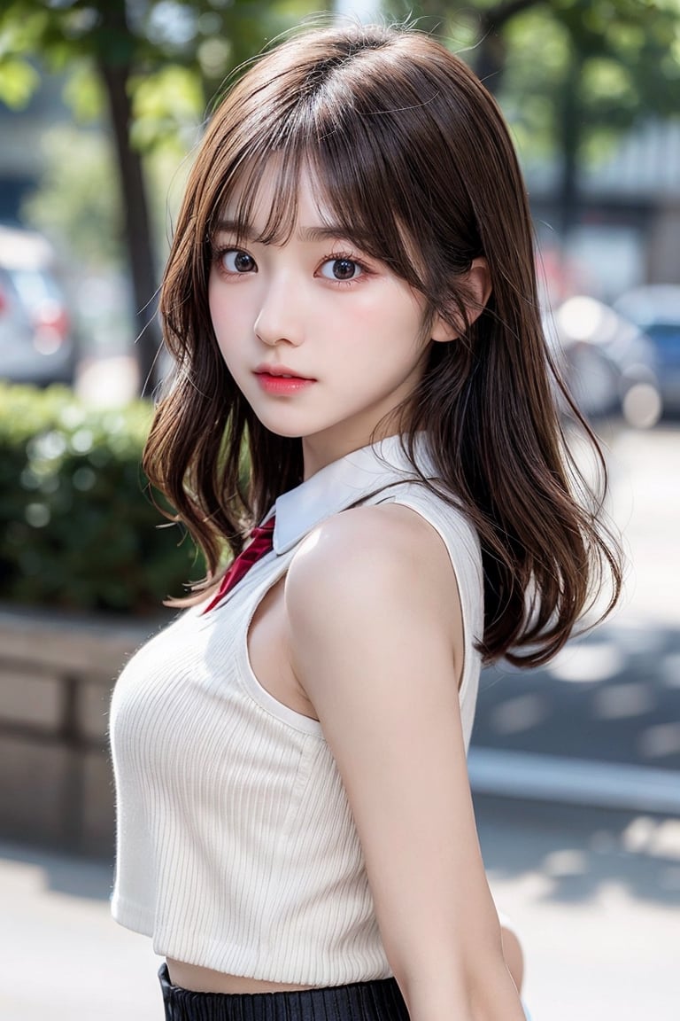 cute and kind eyes, Korean idol-like face, brown hair, Slightly thin natural eyebrows, wearing a miniskirt, smooth and soft skin, symmetrical, natural skin texture, wearing a collared white tank top, Japanese high school student girl, detailed face, 8K, perfect composition, intricate detail, highly detailed