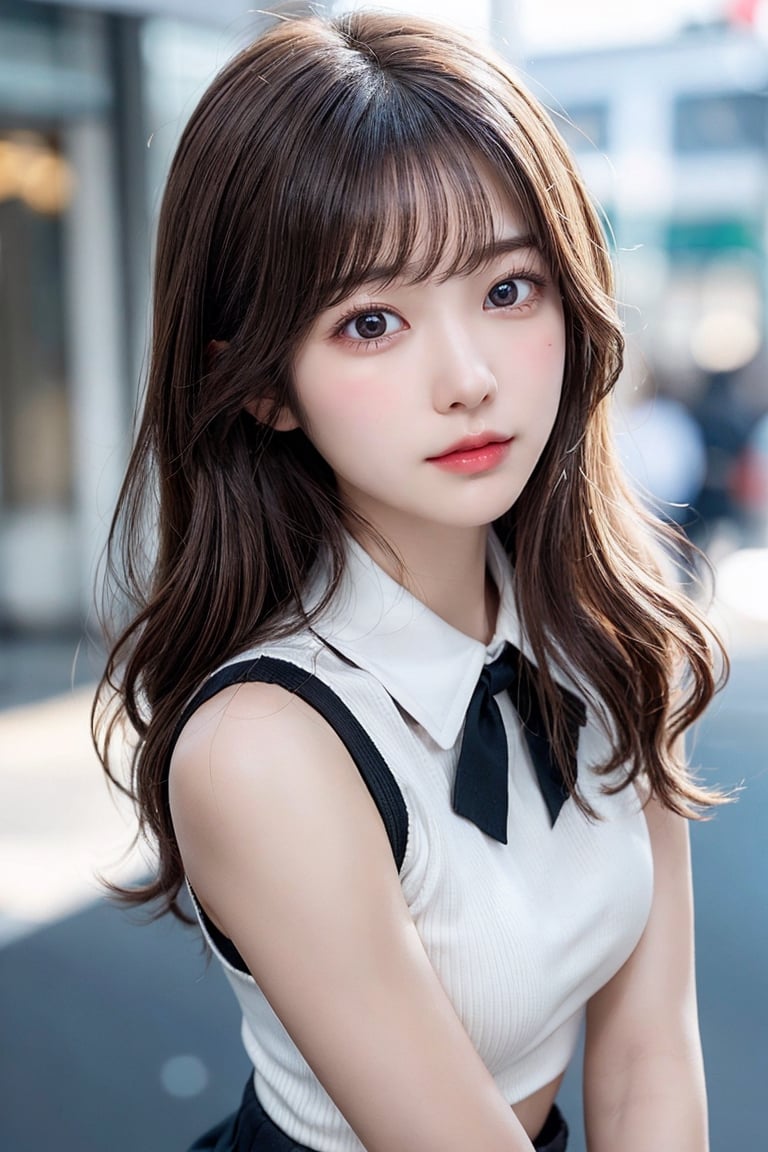 cute and kind eyes, Korean idol-like face, brown hair, Slightly thin natural eyebrows, wearing a miniskirt, smooth and soft skin, symmetrical, natural skin texture, wearing a collared white tank top, Japanese high school student girl, detailed face, 8K, perfect composition, intricate detail, highly detailed