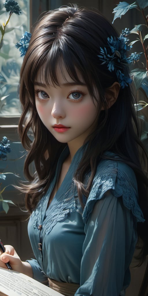 cute korean large-eyed girl, bangs, 
An open book sitting on top of a table, intricate alien botanicals, an indigo forest in korea, 
masterpiece, croquis, fairytale oil painting, beauty legs, dark atmosphere rough texture, highly details, best Quality, Tyndall effect, good composition, volume lighting, Film light, dynamic lighting, cinematic lighting, 
,               ,