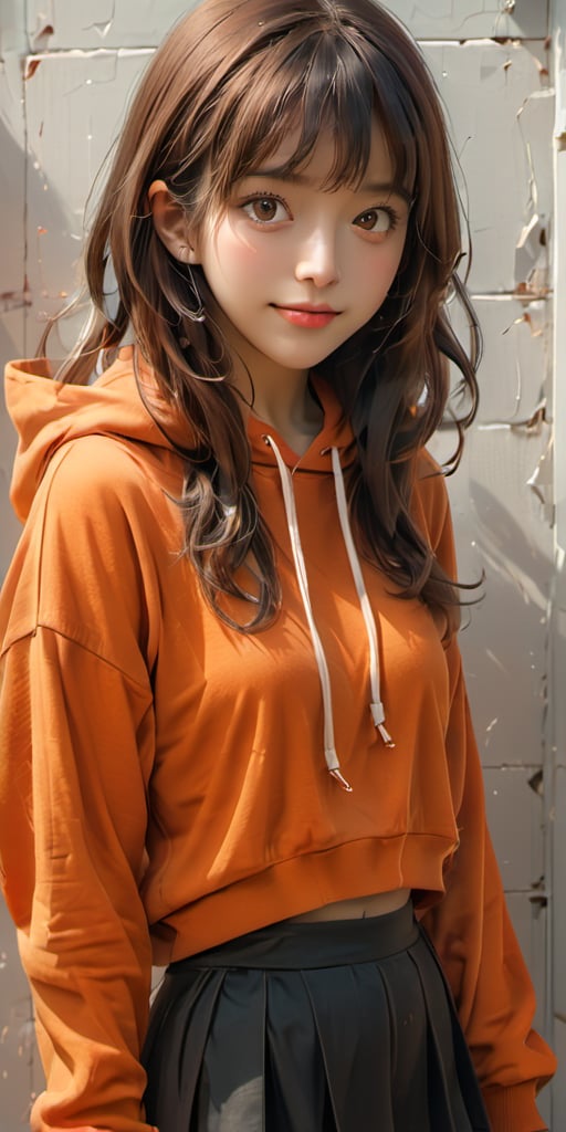 cute korean large-eyed girl, bangs, black short skirt, shoes, hoodie, hood, contemporary, socks, looking at viewer, sneakers, v over eye, red socks, standing, short hair with long locks, alternate costume, casual, full body, brown hair, long sleeves, v, bangs, shadow, black footwear, closed mouth, tiles, smile, yellow hoodie, hood down, sidelocks, sleeves past wrists, drawstring, sweater, clothes writing, orange hoodie, 
masterpiece, croquis, fairytale oilpaintimg style, dark atmosphere rough texture, highly details, best Quality, Tyndall effect, good composition, volume lighting, Film light, dynamic lighting, cinematic lighting, 
,               ,