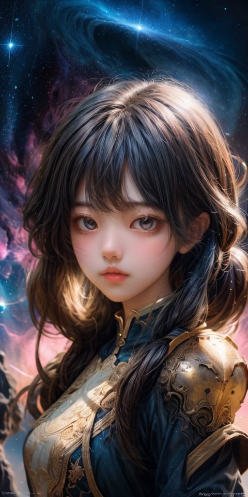 cute korean large-eyed girl, long pigtail,
school uniform, A silhouette of a calm giant girl face, wearing nebula armor, is suspended in the air against a backdrop filled with nebula, 
masterpiece, best Quality, Tyndall effect, good composition, highly details, warm soft light, three-dimensional lighting, volume lighting, Film lighting, cinematic lighting

,