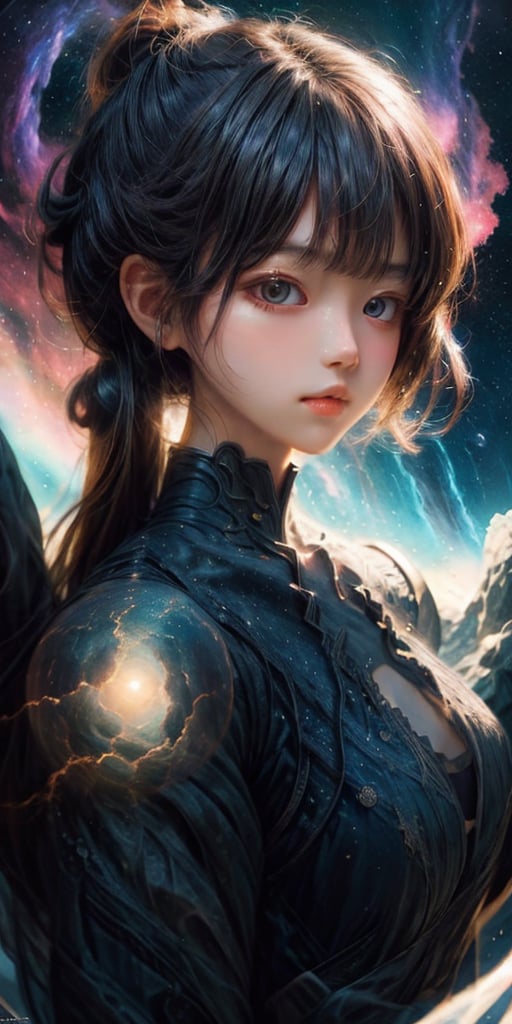 cute korean large-eyed girl, long pigtail, A silhouette of a calm giant girl face, wearing nebula armor, is suspended in the air against a backdrop filled with nebula, 
masterpiece, best Quality, Tyndall effect, good composition, highly details, warm soft light, three-dimensional lighting, volume lighting, Film lighting, cinematic lighting

,