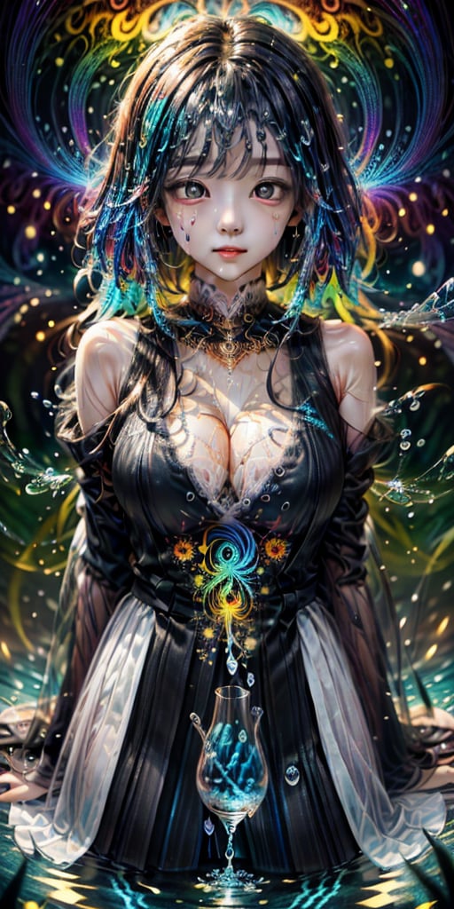 cute korean large-eyed girl, slender face, bangs, black eyes, arms up to the hair, 
psychedelic art:1.0, (colorful:1.3), original, extremely detailed wallpaper, looking at viewer,(1girl:1.2),extreme detailed,(fractal art:1.3),colorful,highest detailed,solo,(floating colorful water:1.2), 
masterpiece, best Quality, Tyndall effect, good composition, highly details, warm soft light, three-dimensional lighting, volume lighting, Film lighting, cinematic lighting,