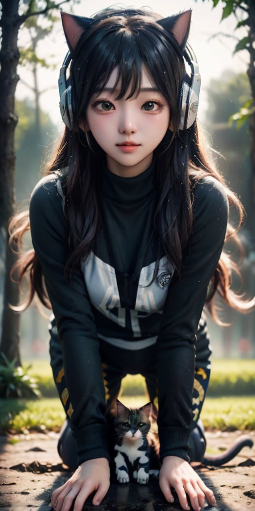 cute korean large-eyed girl,
The cat stands on the jogging track of the sports field, wearing a dark-colored tight-fitting sports jersey. The garment fits snugly and is fashionable, with trendy patterns or words printed on it. It wears fashionable headphones or a hat on its head,  
masterpiece, best Quality, Tyndall effect, good composition, highly details, warm soft light, three-dimensional lighting, volume lighting, Film lighting, cinematic lighting, 

,  