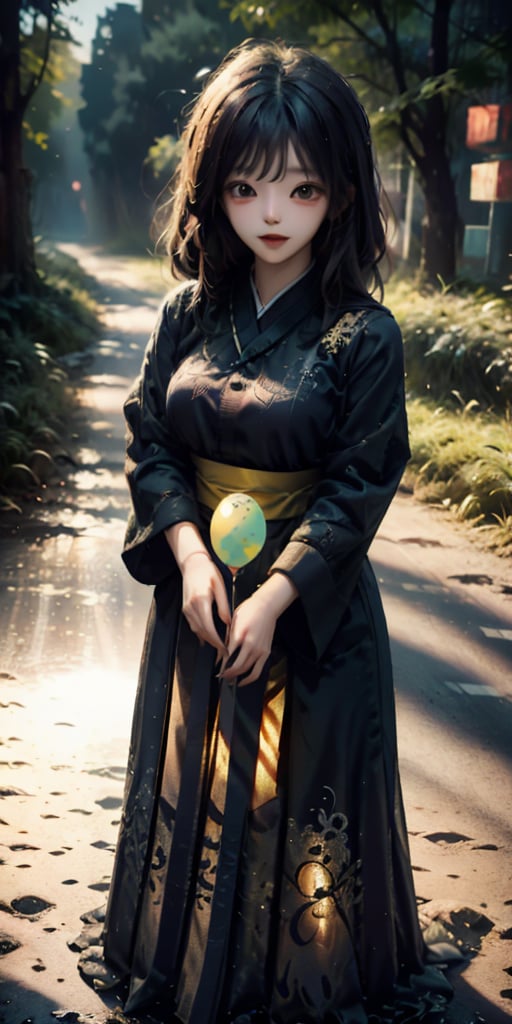 cute korean large-eyed girl, 
dark aesthetic, girl standing on the otherside of the road with a huge smile, holding a yellow balloon, scary, eerie, 
masterpiece, best Quality, Tyndall effect, good composition, highly details, warm soft light, three-dimensional lighting, volume lighting, Film lighting, cinematic lighting, 
,     , ,