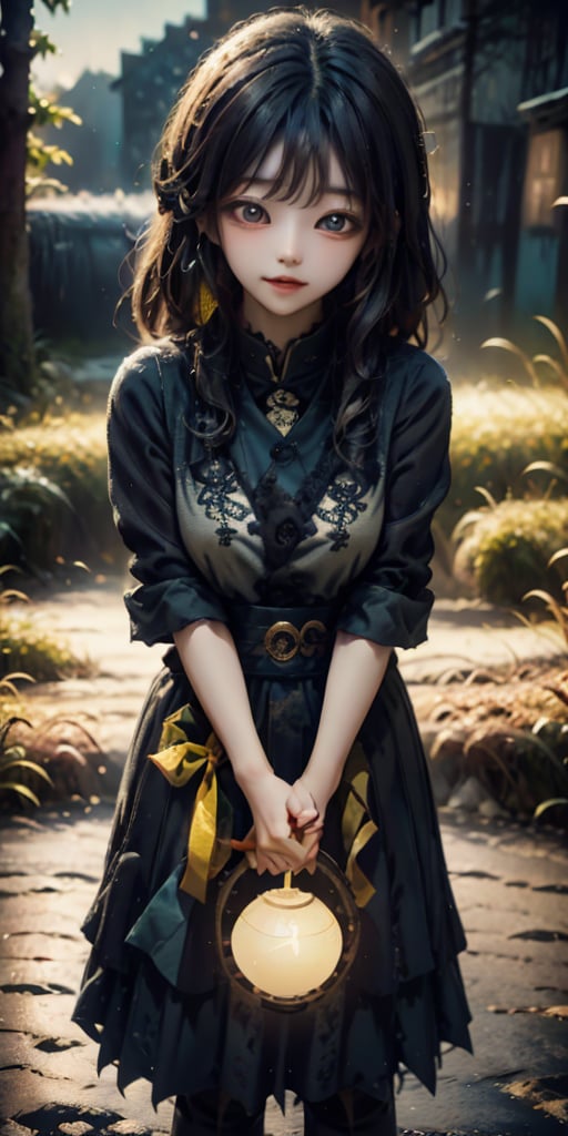 cute korean large-eyed girl, 
dark aesthetic, girl standing on the otherside of the road with a huge smile, holding a yellow balloon, scary, eerie, 
masterpiece, best Quality, Tyndall effect, good composition, highly details, warm soft light, three-dimensional lighting, volume lighting, Film lighting, cinematic lighting, 
,     , ,